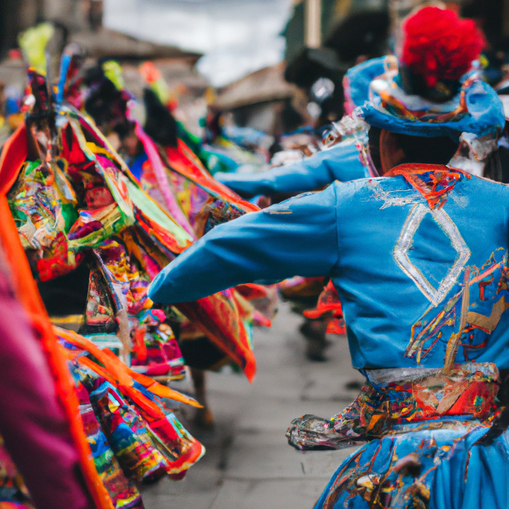 Fiesta patronal en Cusco con danzantes y trajes coloridos desde ángulo bajo